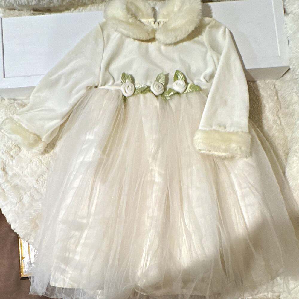 White Formal Long Sleeve Tulle Dress Faux Fur Collar 3T Formal fancy. Worn once